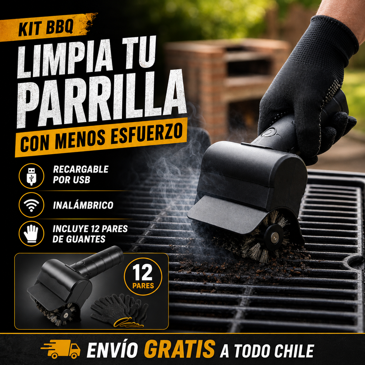 Kit Cepillo Eléctrico Limpia Parrilla + 12 Pares de Guantes