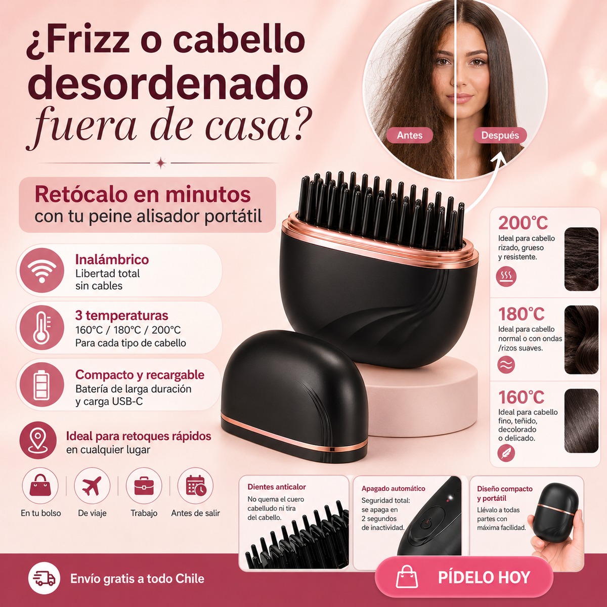 Mini Peine Alisador Inalámbrico – 3 Temperaturas